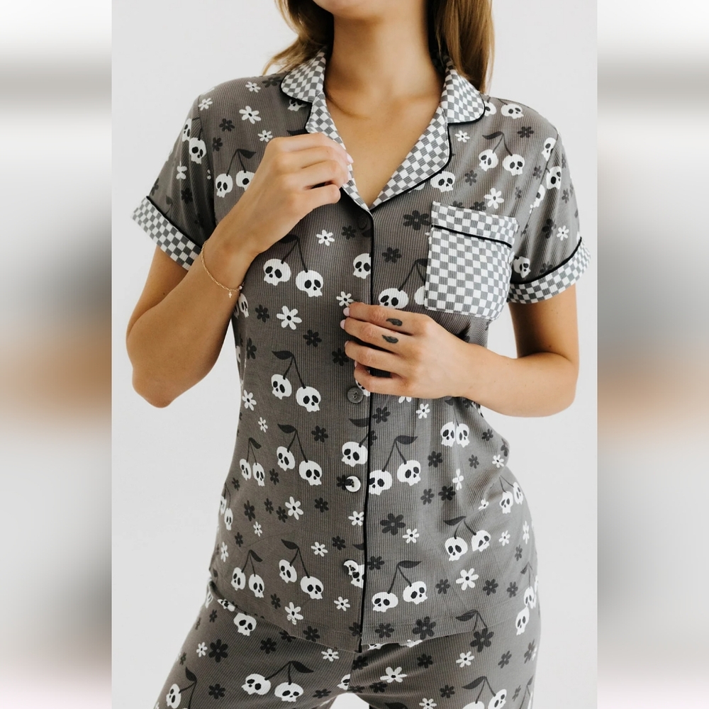 NWT Cropped Staykation Skelly Bamboo Rib PJ Set "Skelly & Cherry" - Picture 2 of 9